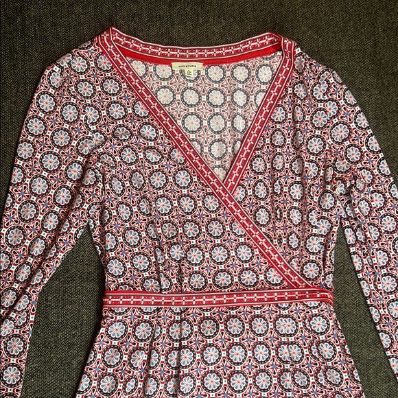 Max Studio Faux Wrap Print Stretch Dress Red Black Blue sz L - Picture 3 of 9